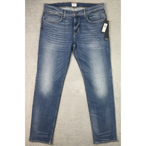 Hudson Byron Straight Jeans Mens 38x35 Blue Distressed Fade Whiskers NWT